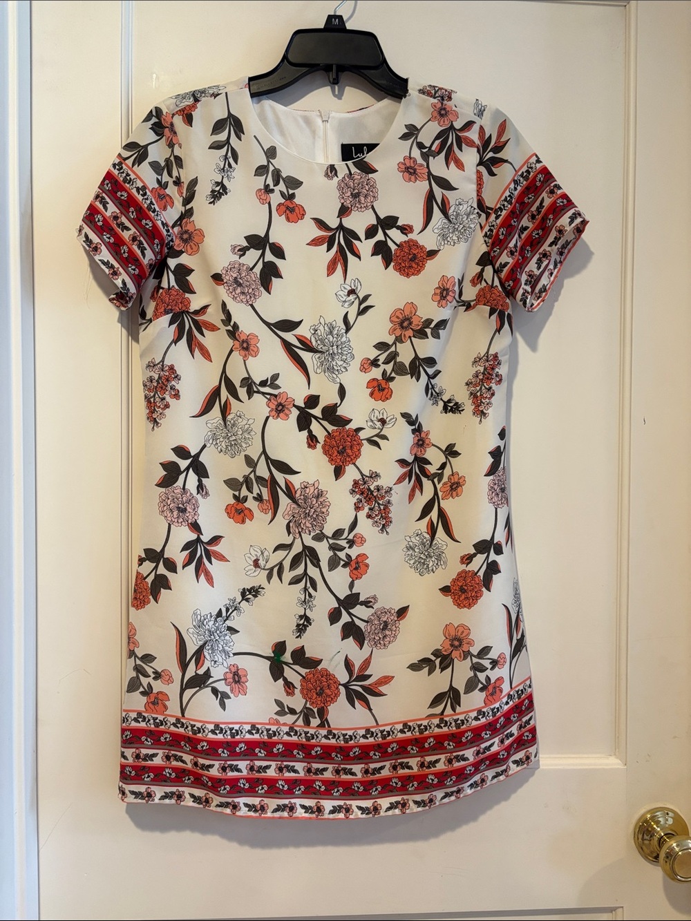 Lulu's Cream Floral Short-Sleeve Mini Dress with Red & Black Accents